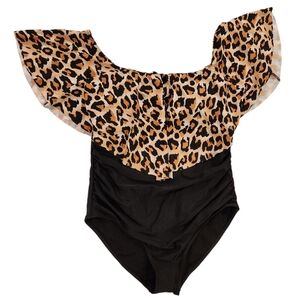Leopard Ruffle Overlay One Piece Bathing Suit - Women's Size Large